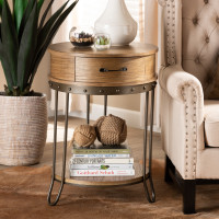 Baxton Studio JY20A067-Oak-ET Kellyn Vintage Rustic Industrial Oak Brown Finished Wood and Black Finished Metal 1-Drawer End Table